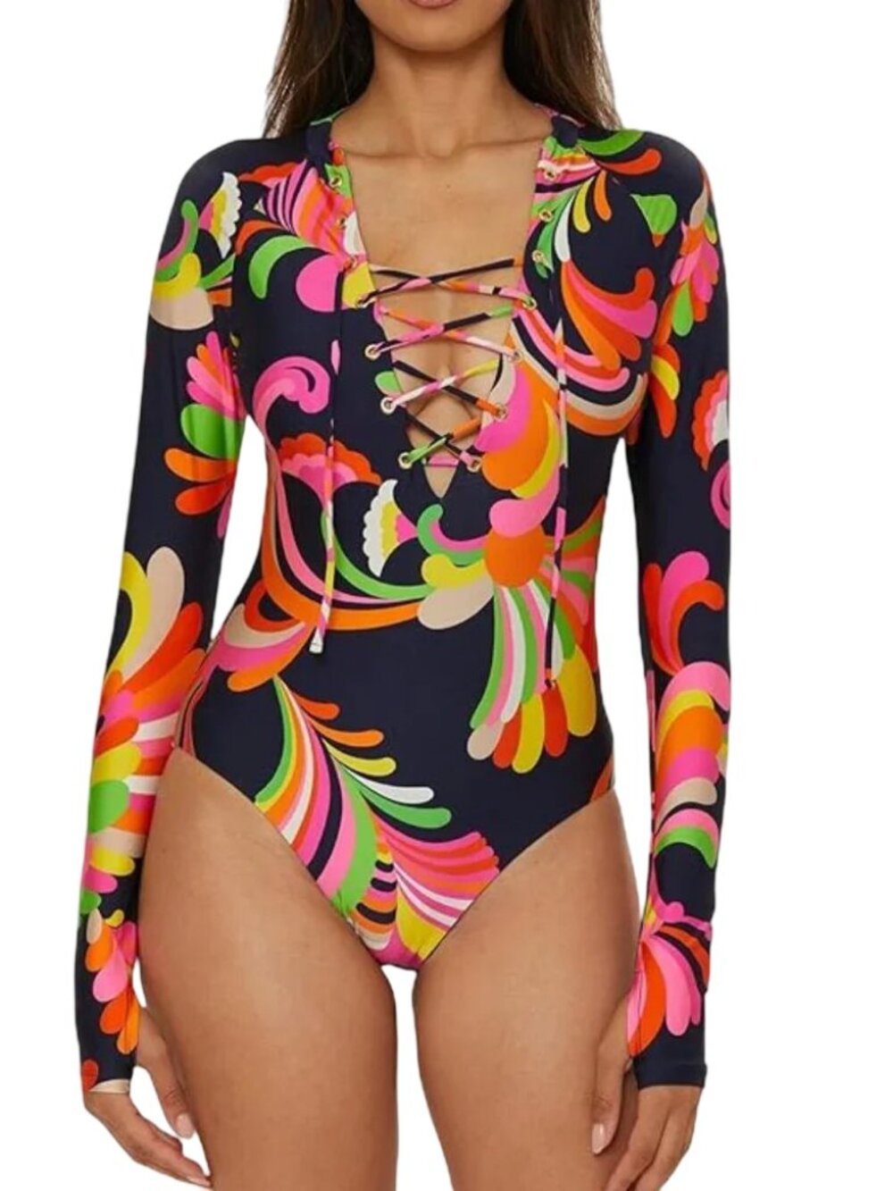 Trina Turk Poolside Swirl Long Sleeve Lace-Up Paddle Swimsuit